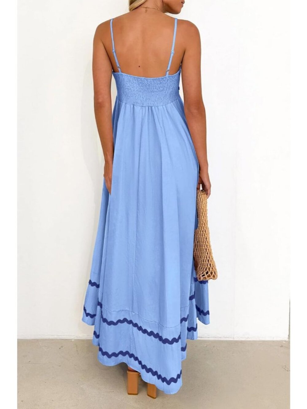 Women's Light Blue Sleeveless Square Neck High Waist Pocket Imported Maxi Dress - Picture 2 of 6